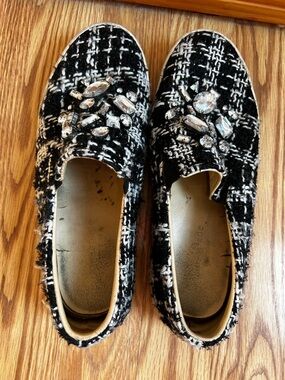 kate spade Black and White Tweed Jeweled Slip-On Loafers